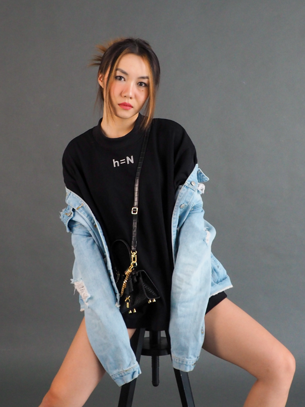 null hypothesis female model wearing denim jacket sitting