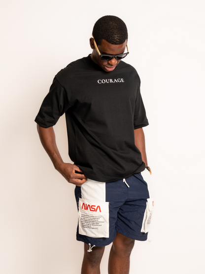 SOUL oversized tee Courage design black front view pocket